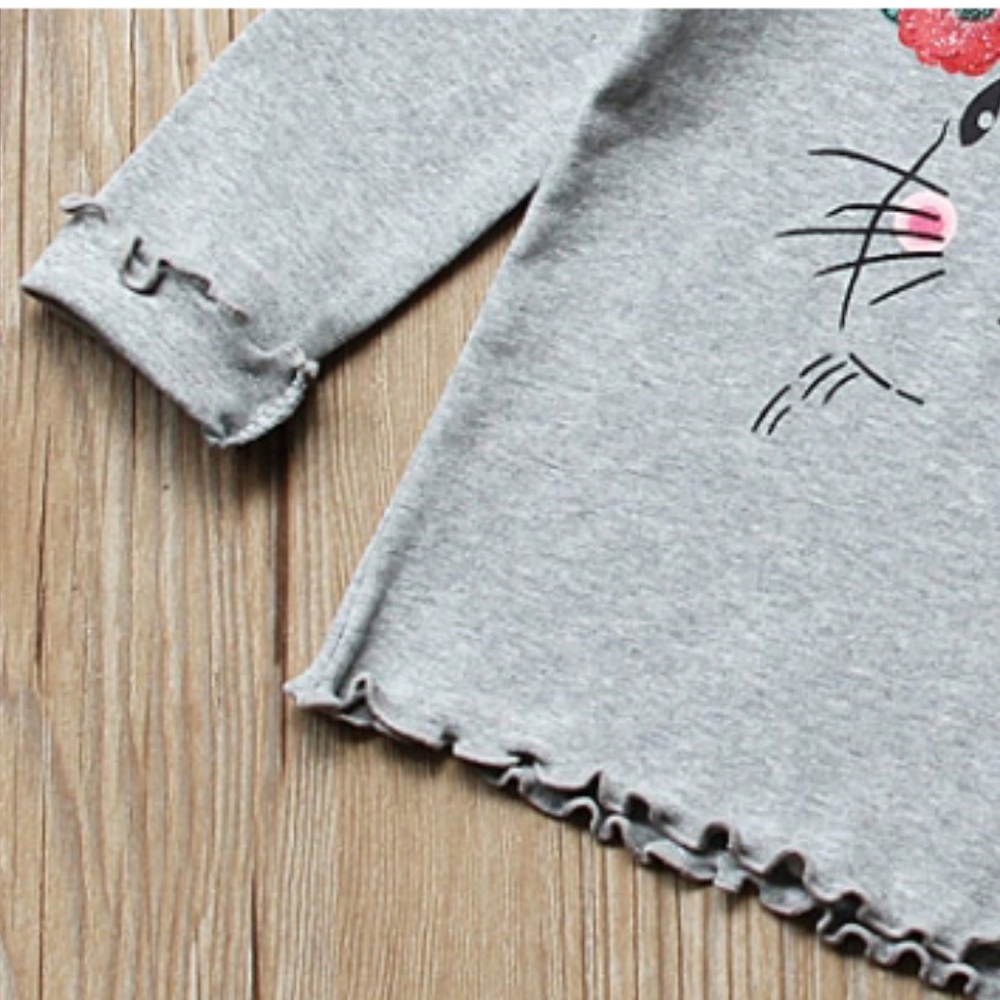 Long Sleeve Ruffle Rabbit Graphic Top Gray Tshirts - Picture 3 of 4